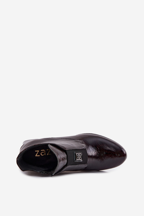 Skórzane Lakierowane Botki Na Klocku Z Ozdobnym Detalem Ocieplane Zazoo 60560 Bordowe