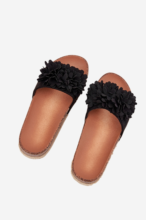 Klapki Damskie Na Platformie Z Ozdobnymi Kwiatkami Czarne Tessara