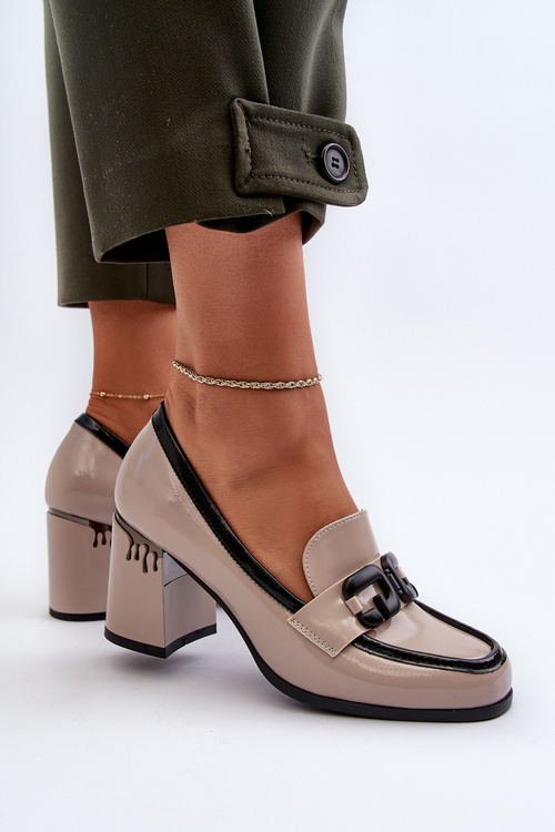 Półbuty Damskie Na Słupku Lakierowane Beżowe D&A MR38-973