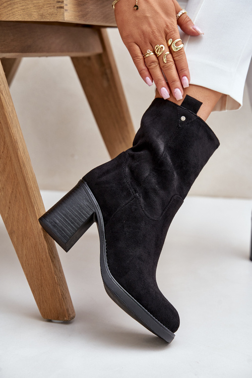 Botki Damskie Ocieplane Na Obcasie Słupku Eko Zamszowe Czarne Vellinga