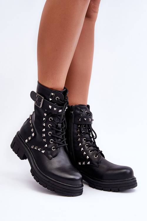 Damskie Masywne Botki Workery z Dżetami Czarne Tyralis