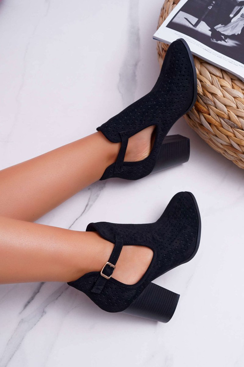 Botki Damskie Na Słupku Ażurowe Z Wycięciami Czarne GoodDay