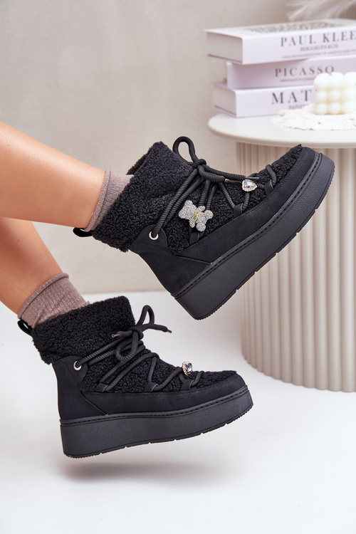 Śniegowce Damskie Z Przypinkami I Futerkiem Typu Baranek Czarne Almatiza