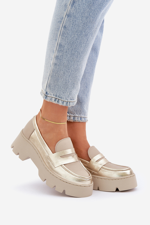 Skórzane Mokasyny Damskie Na Platformie I Płaskim Obcasie Zazoo 20191 Złote