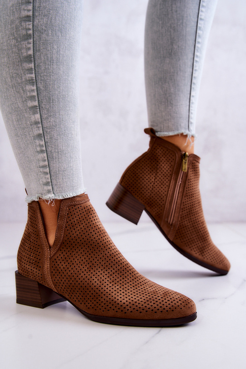 Zamszowe Botki Ażurowe Z Wycięciem Brązowe Carine