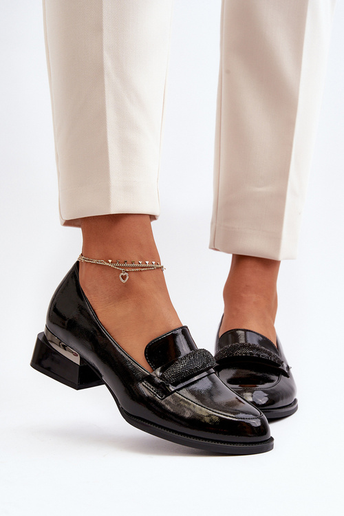 Damskie Półbuty Lakierowane Na Niskim Obcasie Czarne Marilni