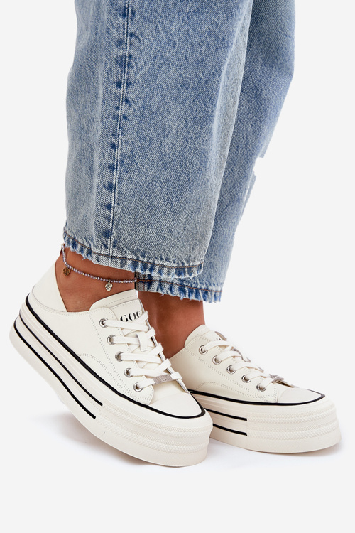 Skórzane Trampki Damskie Na Platformie GOE RR2N4106 Białe