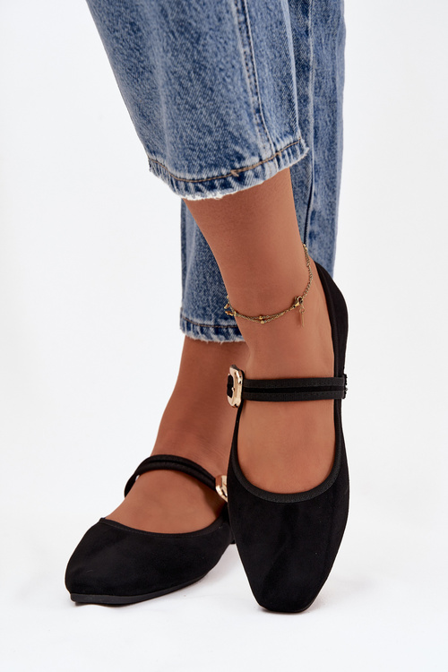 Baleriny Z Paskiem I Złotą Klamrą Eko Zamszowe Czarne Adelora