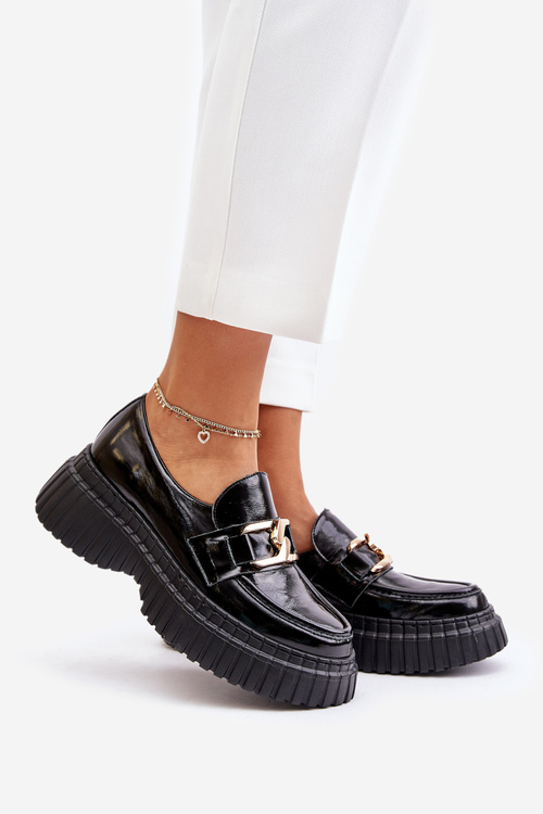 Zazoo 20176 Lakierowane Półbuty Mokasyny Damskie Ze Skóry Naturalnej Czarne