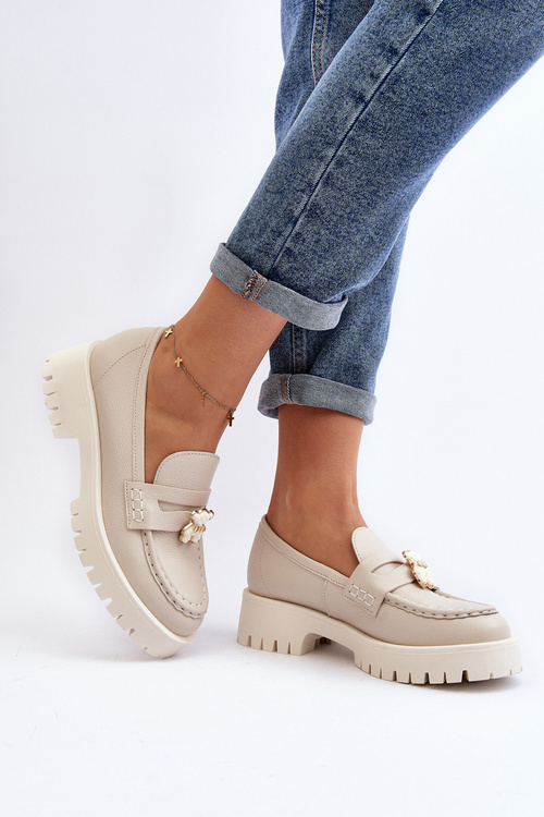 Skórzane Półbuty Mokasyny Z Misiem CheBello 4291 Jasnobeżowe