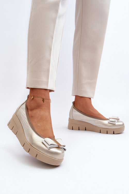 Baleriny Skórzane Na Platformie Z Ozdobą Złote Lewski 3384