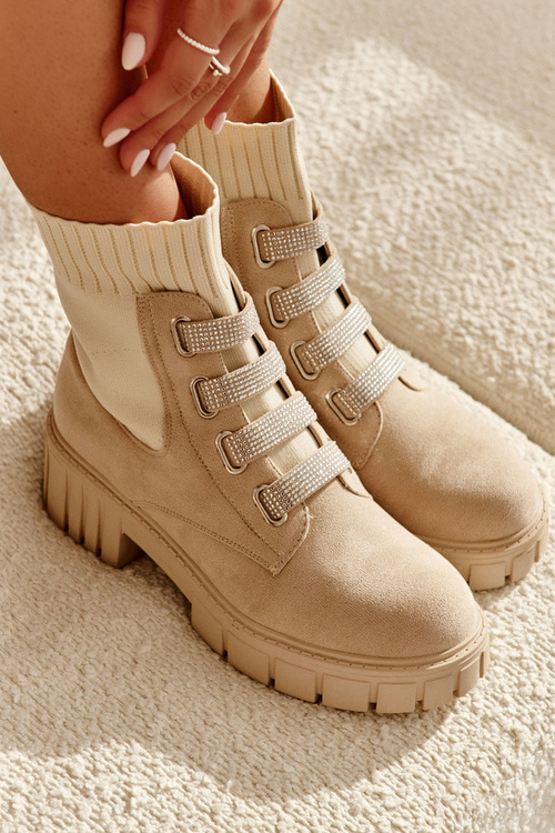 Zamszowe Wsuwane Botki Skarpetkowe Beżowe Hope