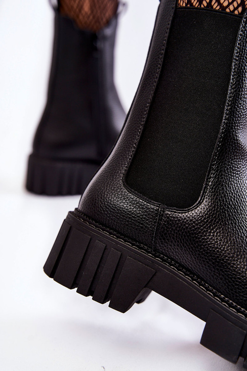 Skórzane Damskie Botki Na Platformie Czarne Bente