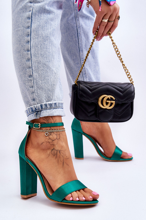 Satynowe Sandały Na Obcasie Zielone Linsy