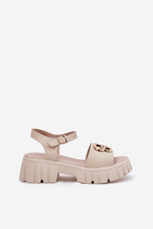 Skórzane Sandały Damskie Ze Złotym Detalem Vinceza 79541 Beżowe