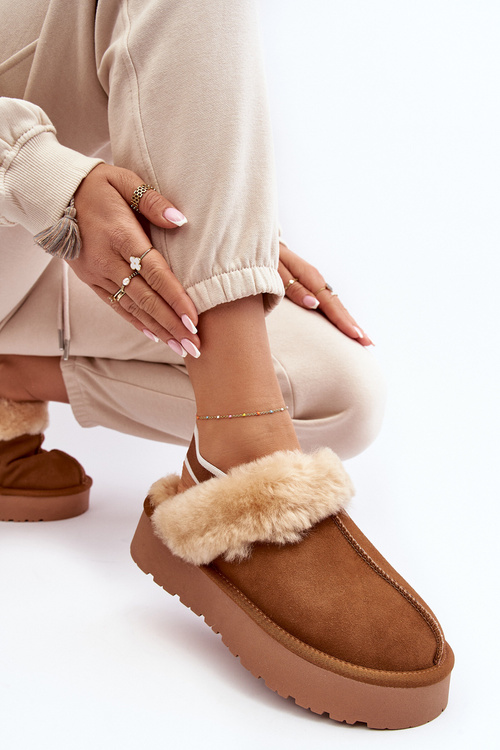 Skórzane Zamszowe Kapcie Damskie Na Platformie Z Futerkiem Camel Sophienne