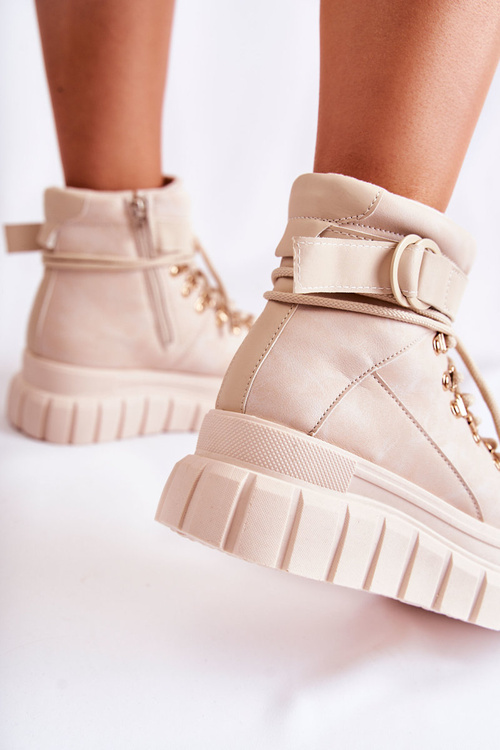 Modne Damskie Botki Na Platformie Z Paskiem Jasnobeżowe La Blanca