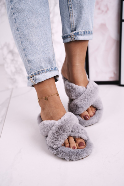 Damskie Klapki Papcie Futrzane Szare Cozy Time