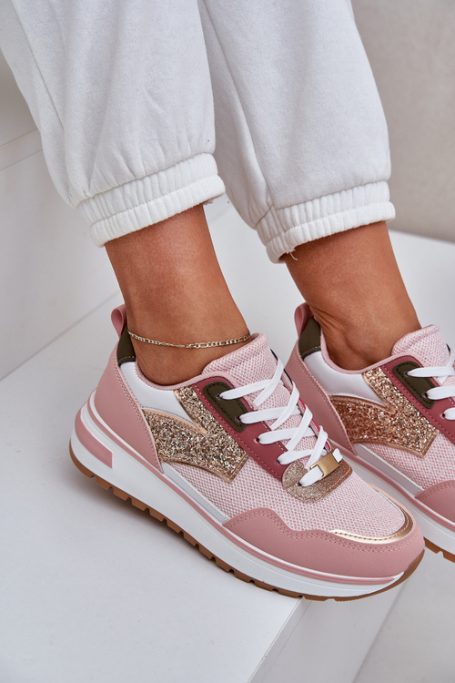 Błyszczące Buty Sportowe Damskie Różowe Leesema