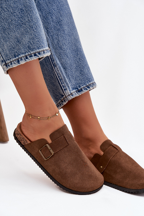 Klapki Chodaki Damskie i Na Platformie Z Klamrą Brązowe Selio