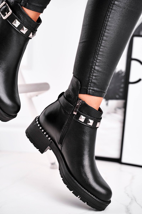 Botki Damskie Skórzane Ocieplane Laura Messi Czarne 2055