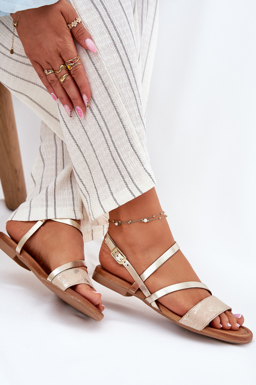 Skórzane Sandały Damskie Na Płaskim Obcasie Maciejka 06966-25 Złote