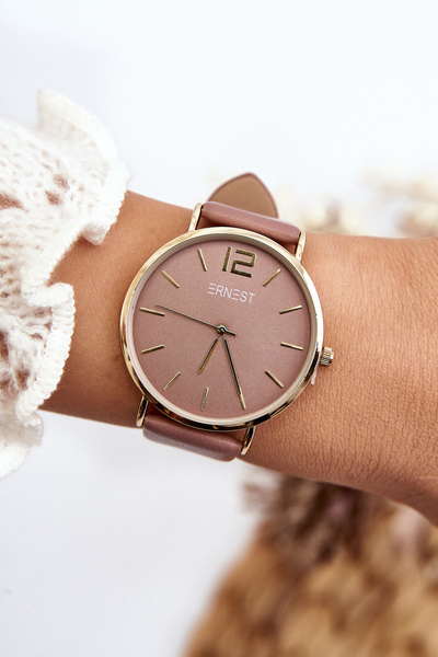 Damski Zegarek Na Skórzanym Pasku Ernest E62001MD Różowy