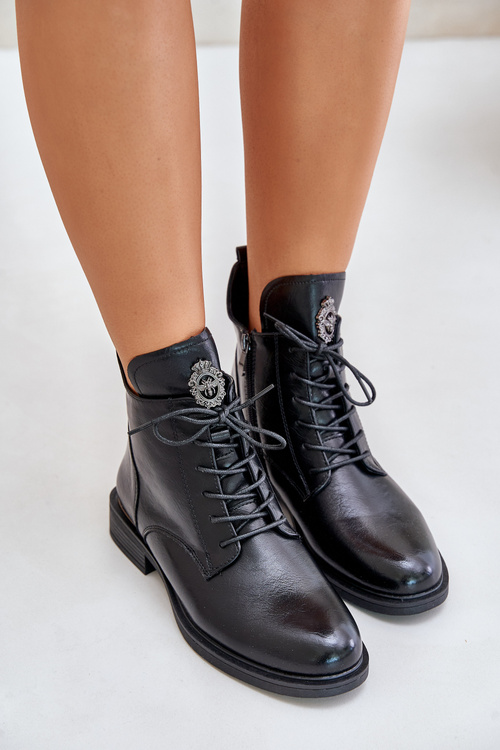 Ocieplane Botki Na Płaskim Obcasie Z Ozdobą Czarne Leonise