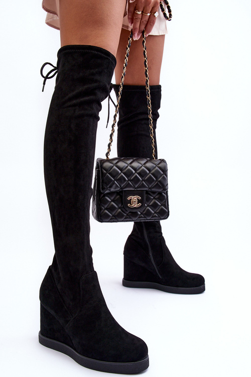 Zamszowe Muszkieterki Kozaki Na Koturnie Czarne Mephal