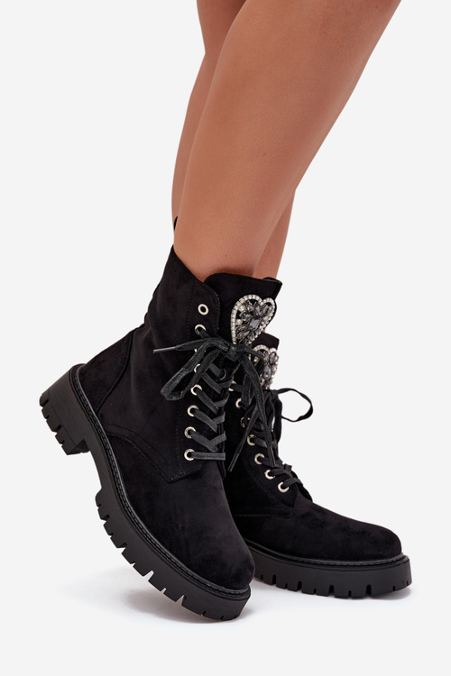 Botki Workery Z Biżuteryjną Ozdobą Ocieplane Eko Zamszowe Czarne Miryssa