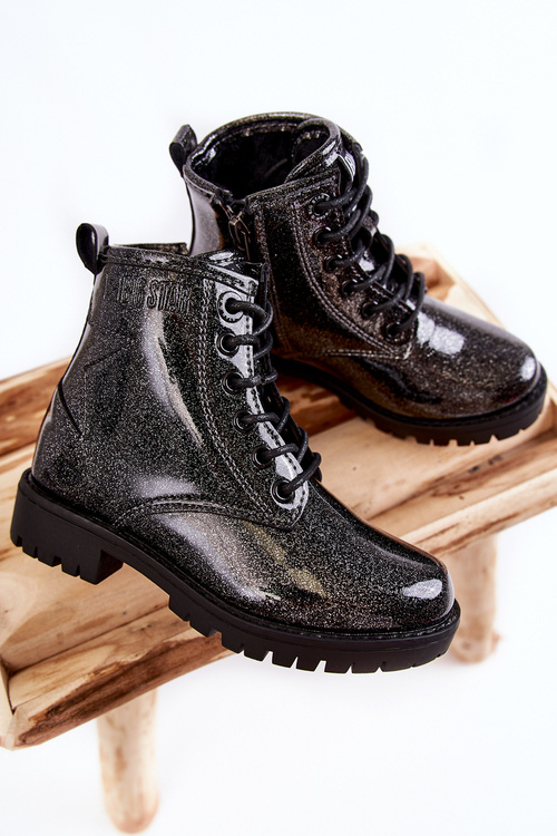 Dziecięce Lakierowane Ocieplane Botki Big Star II374047 Czarno-Srebrne