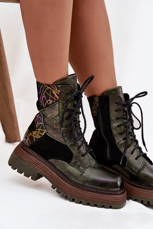 Skórzane Botki Damskie Na Platformie Maciejka 07104-09 Ciemnozielone