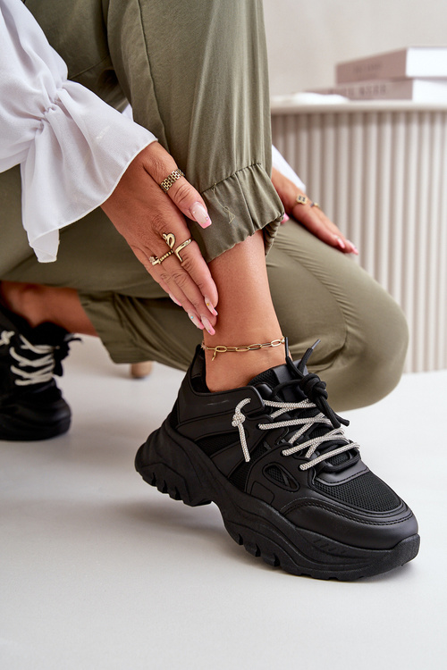 Sneakersy Damskie Na Masywnej Podeszwie Z Ozdobnym Sznurowaniem Czarne Relissa