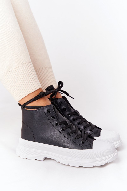 Damskie Skórzane Trampki Na Dużej Podeszwie Czarne Trissy