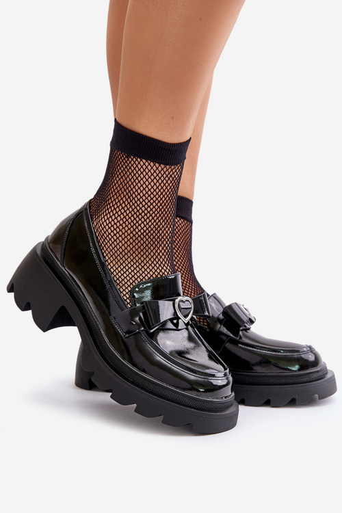 Skórzane Damskie Mokasyny Z Kokardką I Sercem D&A LZ42-032 Czarne