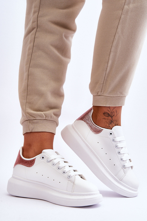 Damskie Buty Sportowe Na Platformie Brokatowe Biało-Różowe Eliso