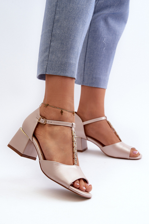 Sandały Damskie Na Obcasie Klocku Z Ozdobnym Paskiem Eko Skórzane Złote Obivena