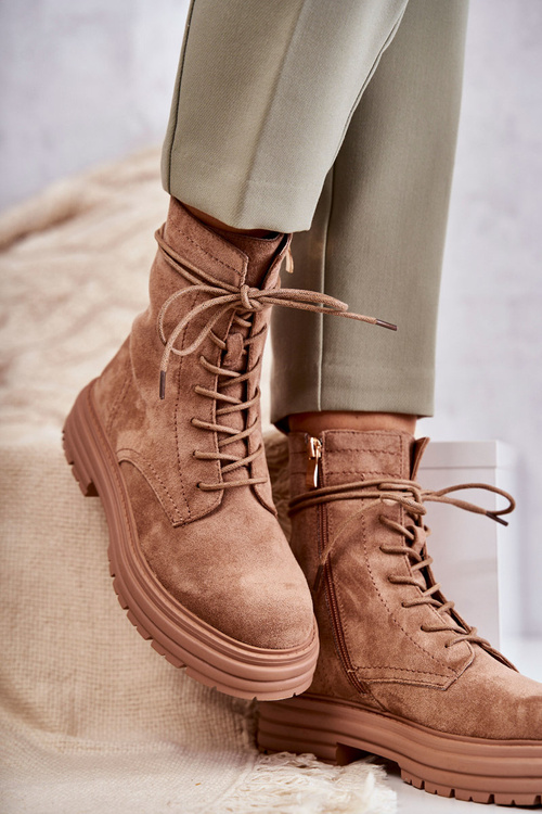 Damskie Zamszowe Botki Wiązane Camel Afra