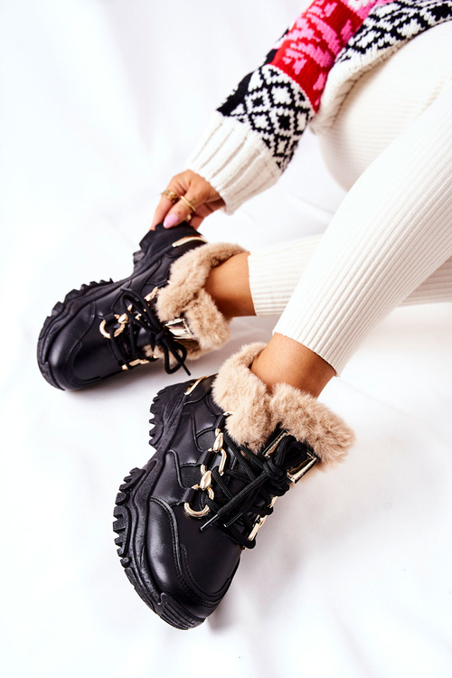 Skórzane Ocieplane Sportowe Buty Czarne Shiney