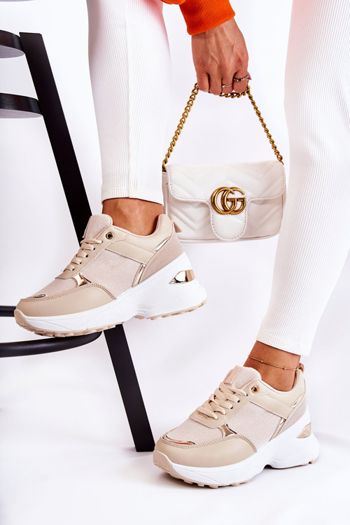 Damskie Błyszczące Buty Sportowe Na Koturnie Beżowe Activity