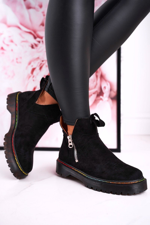 Damskie Botki Sztyblety Z Kolorowym Przeszyciem Zamszowe Czarne Addison