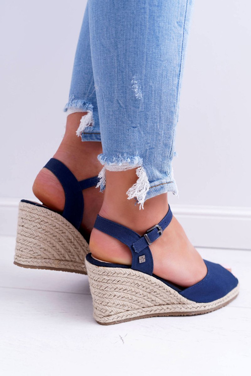 Sandały Damskie Na Plecionej Koturnie Big Star Granatowe DD274A212