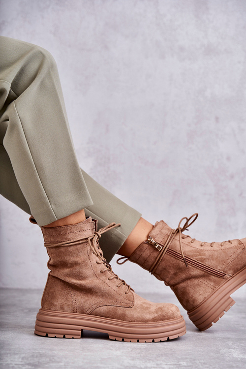 Damskie Zamszowe Botki Wiązane Camel Afra