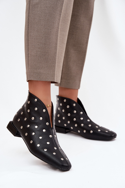 Botki Damskie Na Delikatnym Obcasie Ze Srebrnym Zdobieniem Czarne Rosalind