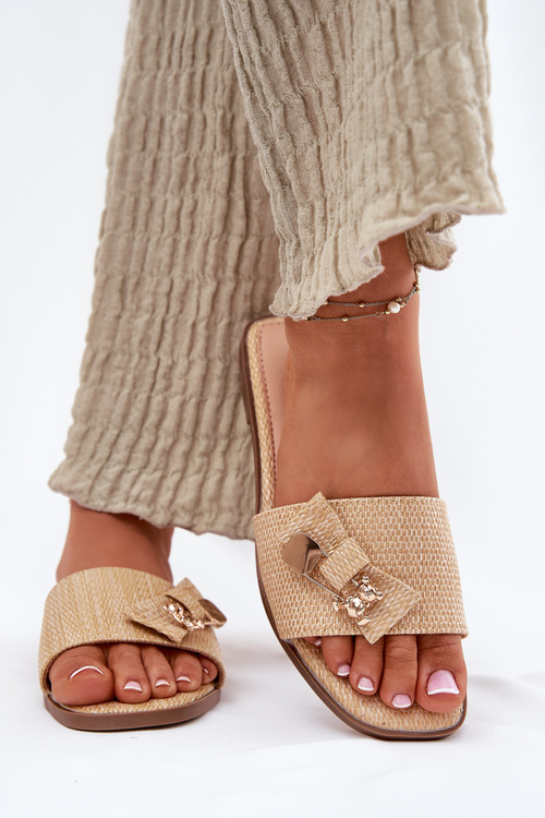 Klapki Damskie Na Płaskim Obcasie Z Kokardą Beżowe Sallariela