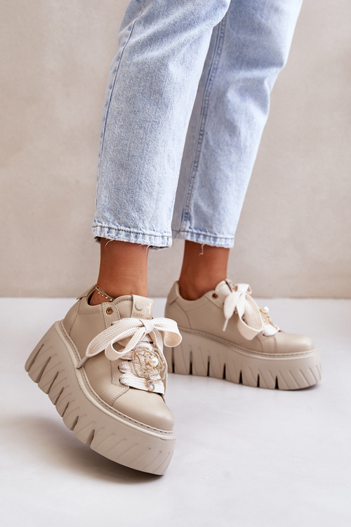 Sneakersy Damskie Na Masywnej Podeszwie Ze Złotą Ozdobą CheBello 4530 Beżowe