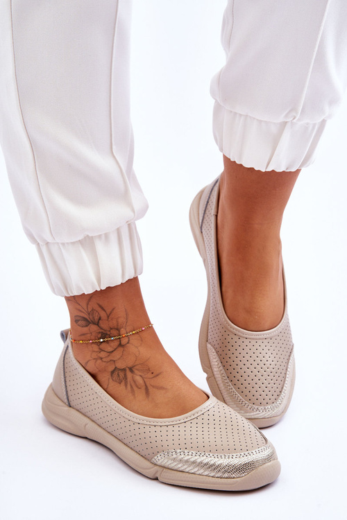 Skórzane Damskie Ażurowe Baleriny Beżowe Lucy