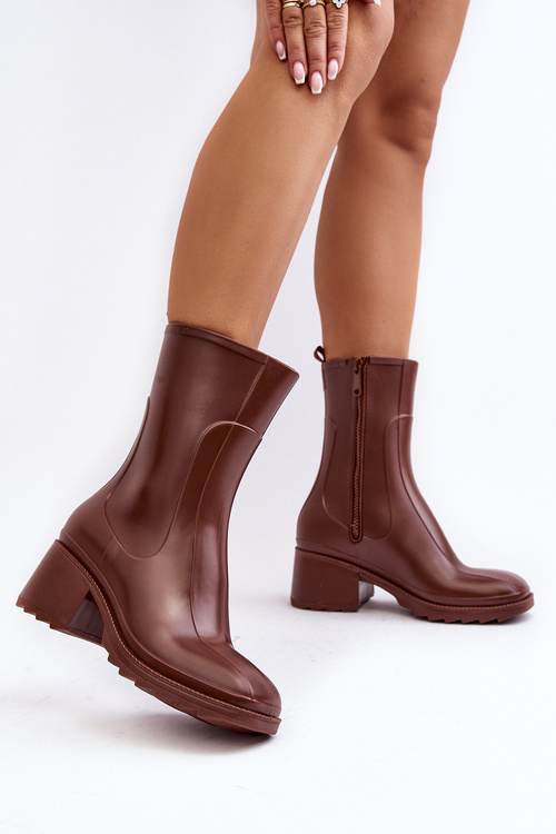 Damskie Matowe Kalosze Botki Na Obcasie Brązowe Bertaida