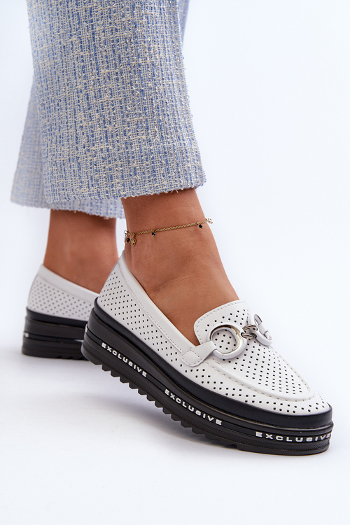 Skórzane Mokasyny Damskie Na Platformie Z Ozdobą S.Barski LR750 Białe