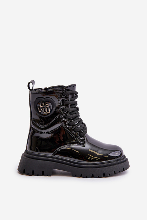 Lakierowane Botki Dziewczęce Ocieplane Futerkiem Na Zamek Czarne Evaliraea